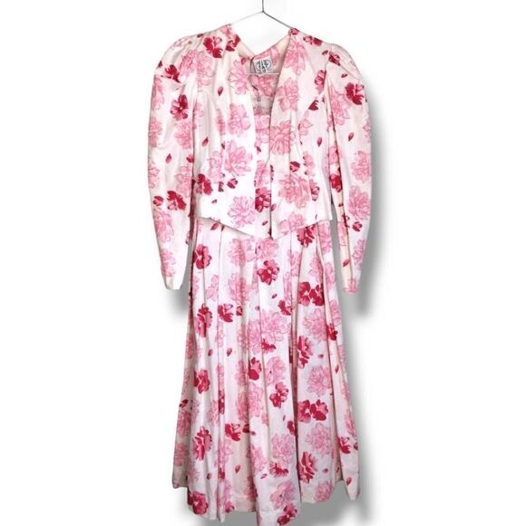 Laura‎ Ashley Sz Vtg 12 (6) Dress Jacket Set Rose White Fit Flare Vtg 80s - Picture 1 of 16